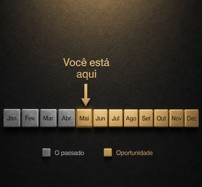 Linha do tempo dos meses com destaque em “Você está aqui”